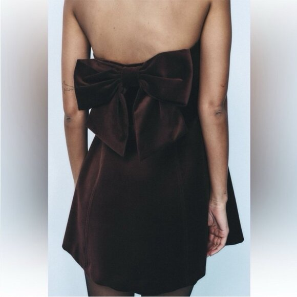 Poshmark Dresses & Skirts - Poshmark ZARA Velvet Bow Mini Dress Burgundy Maroon Strapless Size S in Brown
